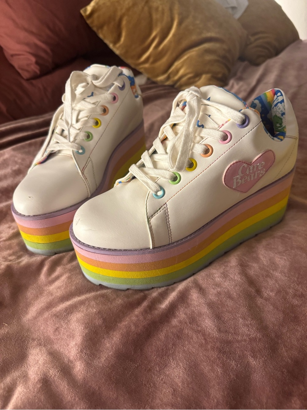 Care Bears White Platform Sneakers with Pastel Rainbow Stripes